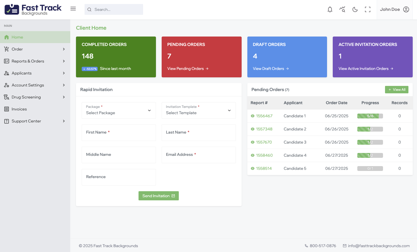 Fast Track Backgrounds Customer Dashboard